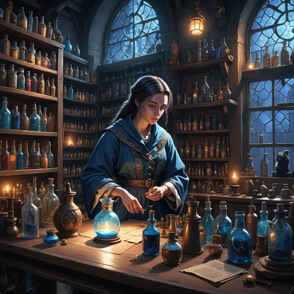 Medieval Alchemist Creates Potion in Moonlit Chamber