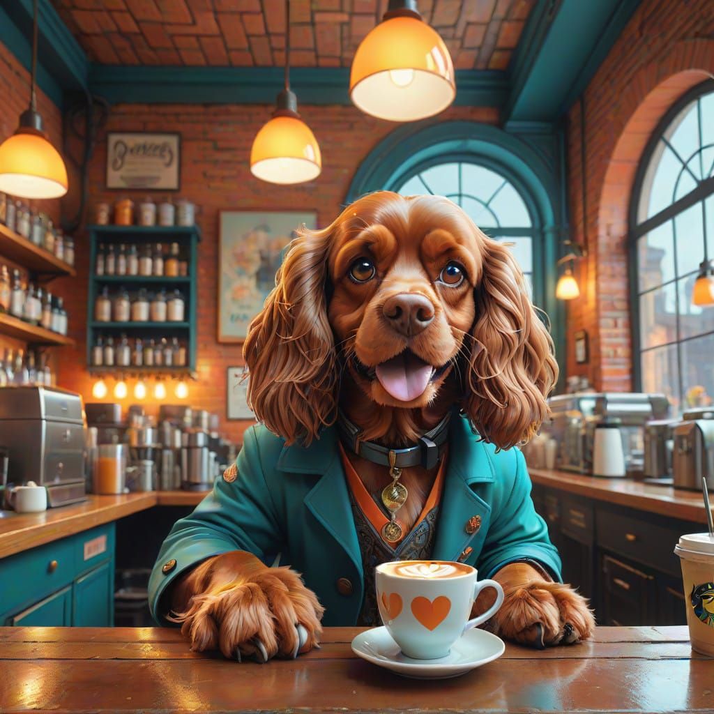 Dog Barista Creates Heart in Foam at Retro English Coffee Sh...