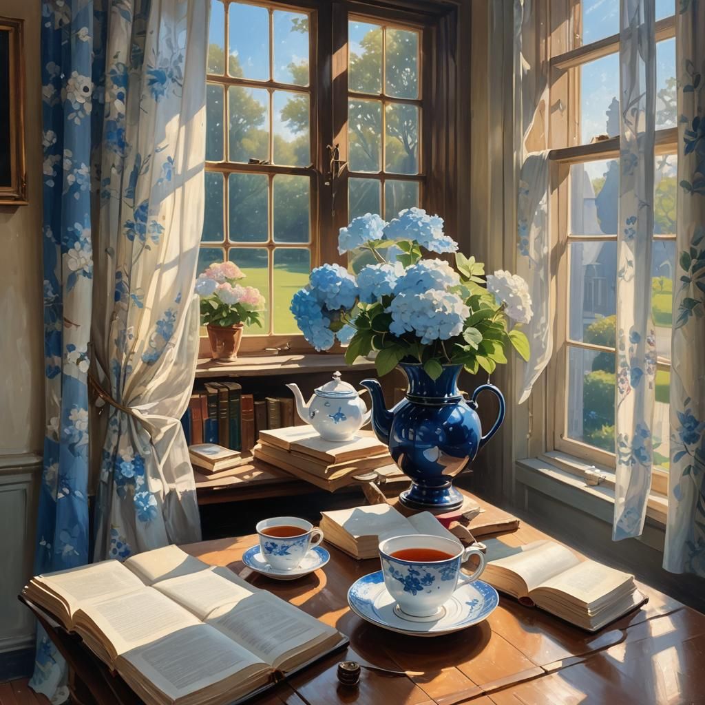 Sunlit Library with Tea: Oil Painting Style