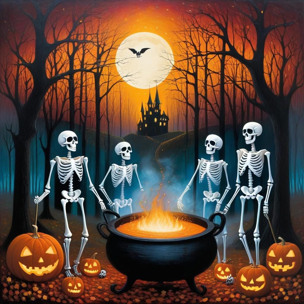 Skeleton Dance Around Bubbling Cauldron