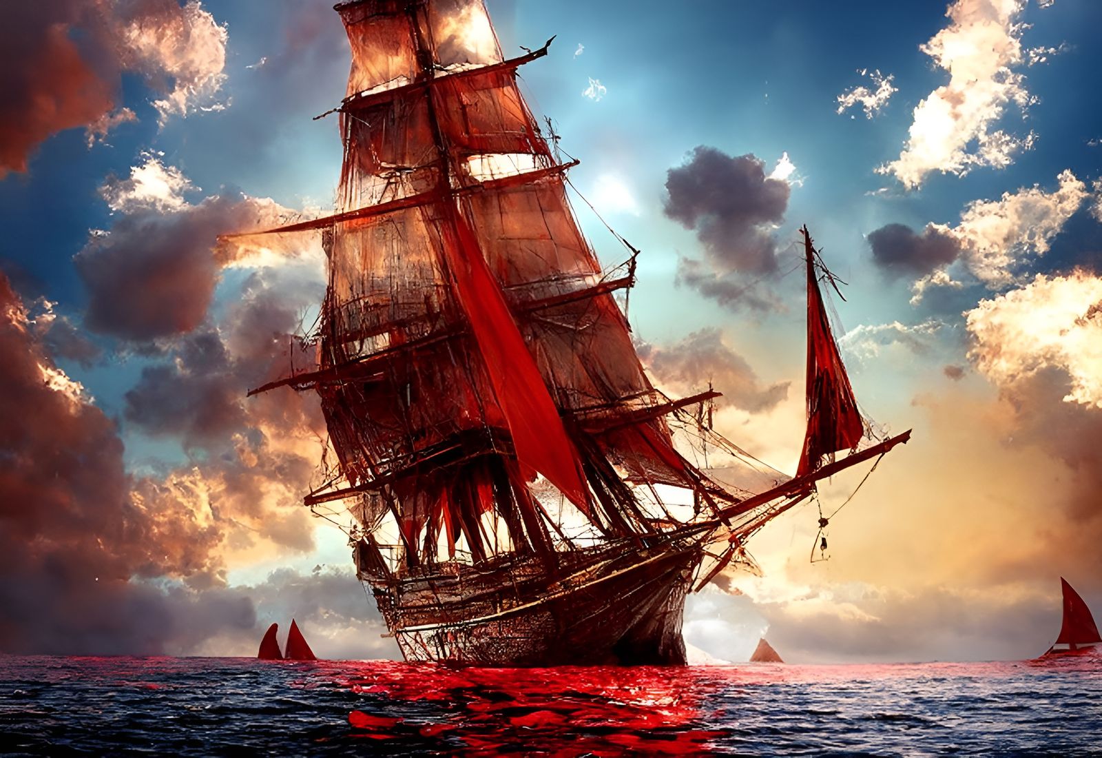 Awe-Inspiring Tall Ship with Red Sails at Sunset