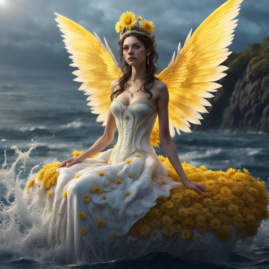 Hyperrealistic Undine with Daisy Tiara on Ocean Waves