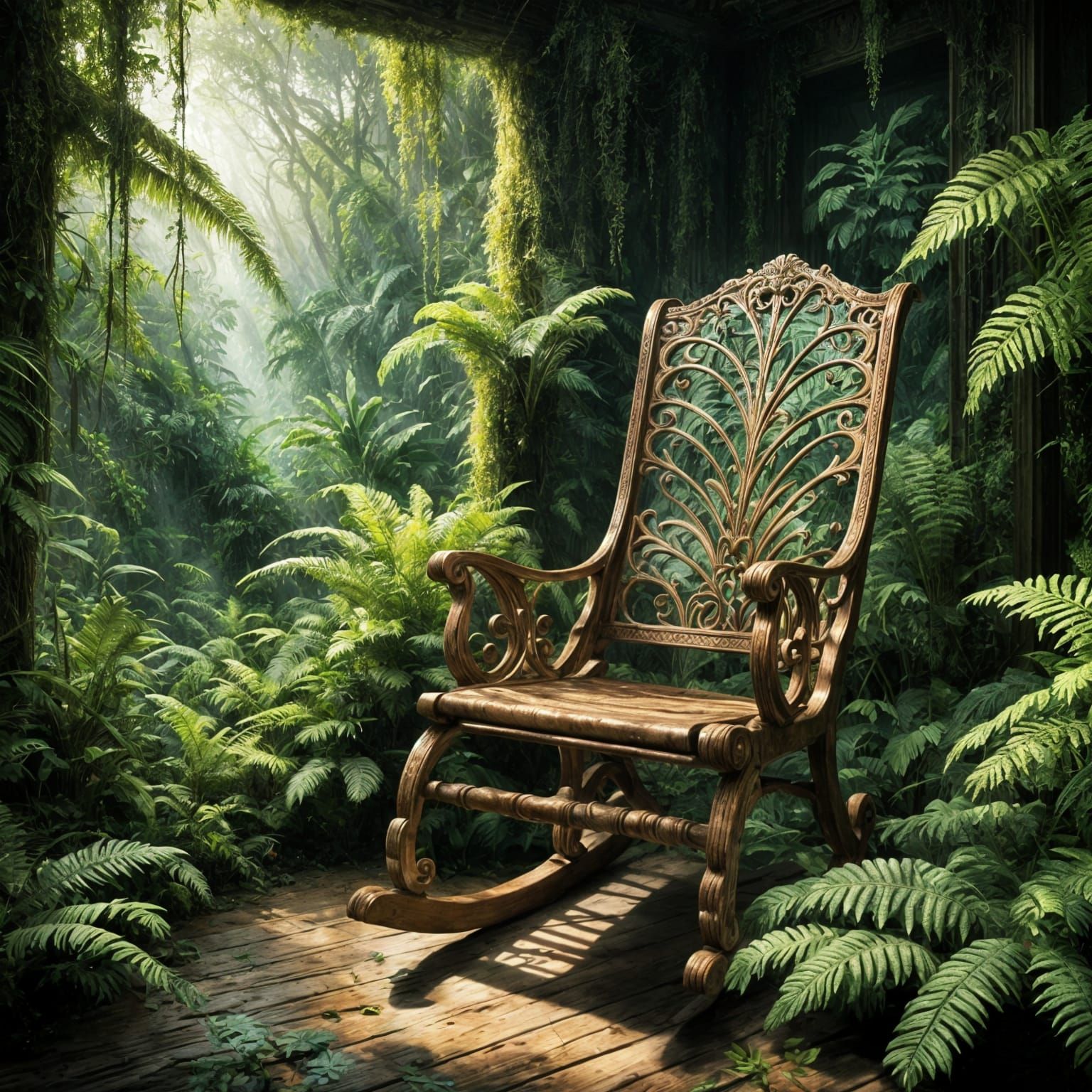 Rocking Chair in a Lush Prehistoric Jungle