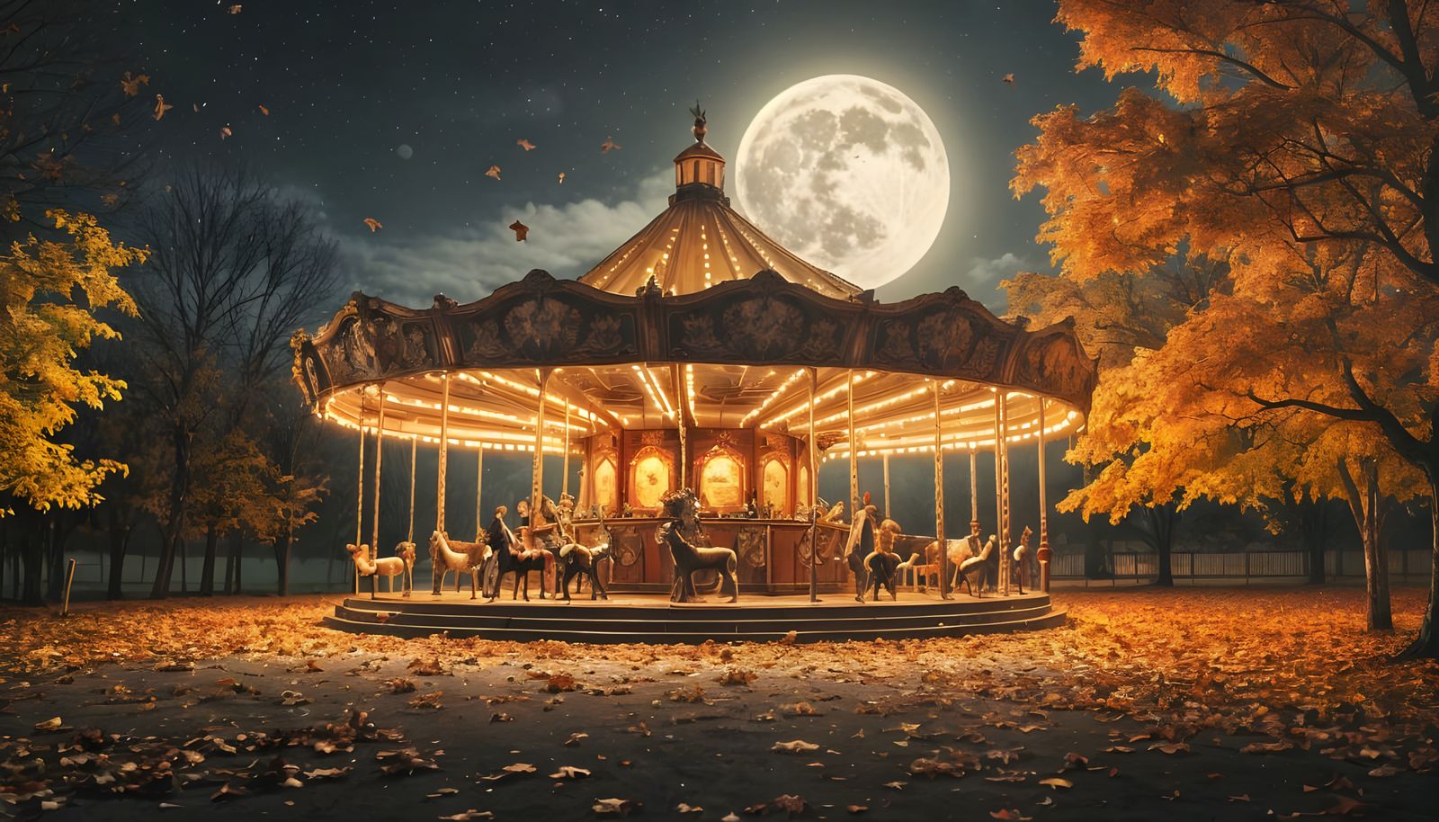 Vintage Carousel Under Full Moon on Autumn Night