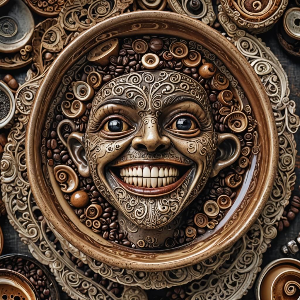 Una taza de café sonriente con ojos y boca, intricate details, HDR, beautifully shot, hyperrealistic, sharp focus, 64 me...