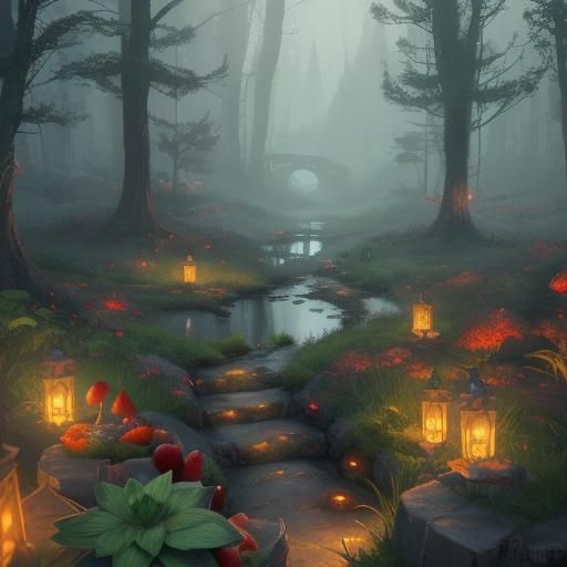 Evil Strawberry with Sharp Teeth in Mystical Forest