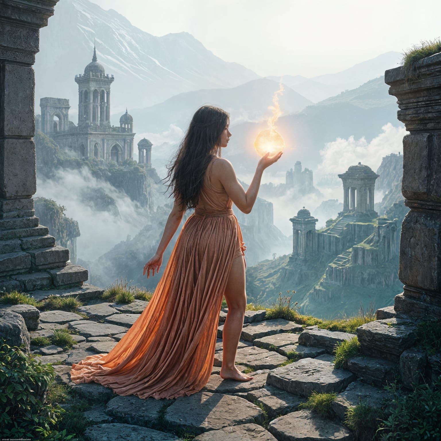 Sorceress Casting Spell on Ancient Ruins