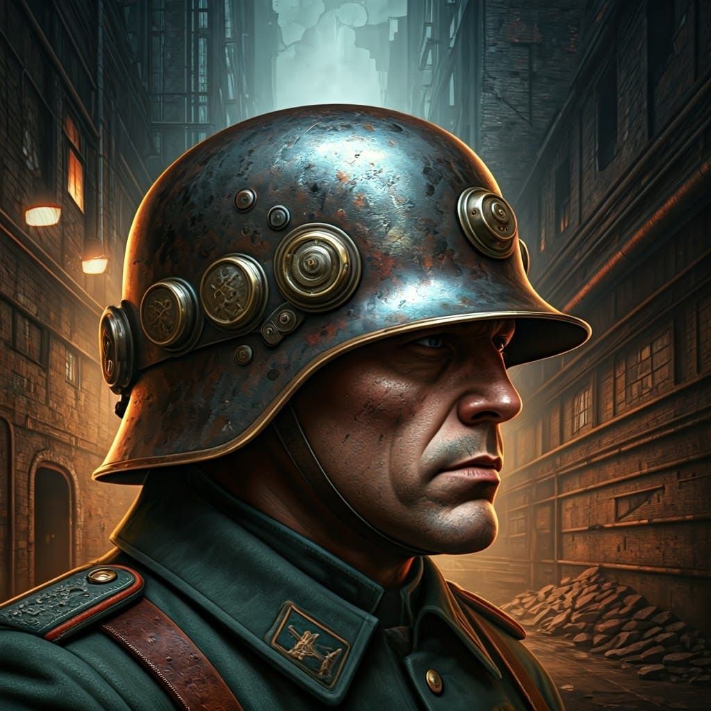 Dieselpunk Soldier in Industrial Ruins
