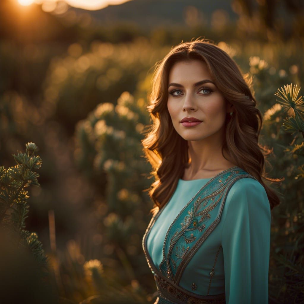 Blue-Eyed Brunette Smiling in Desert Landscape