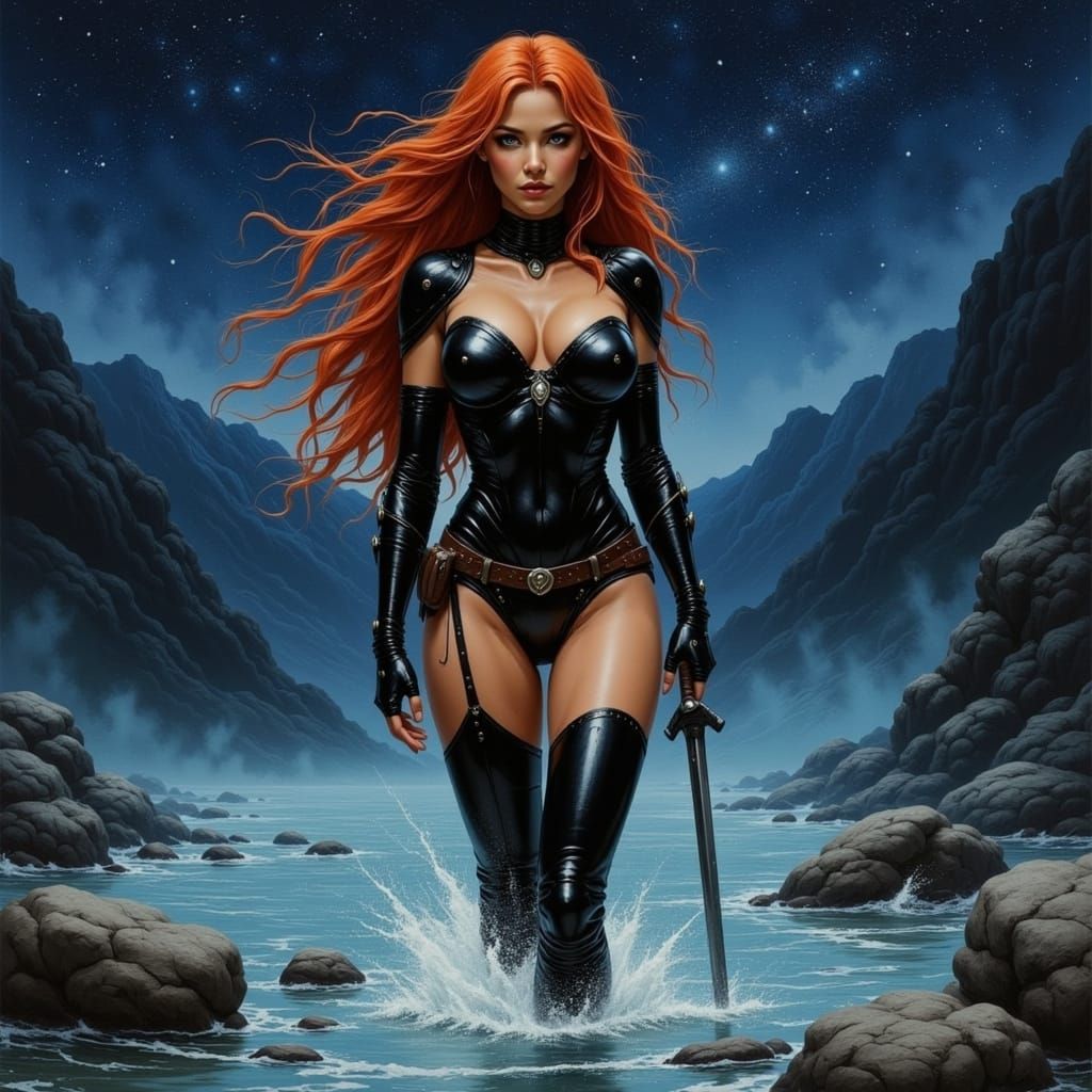 Brunhilde with Red Hair and Black Armor by River