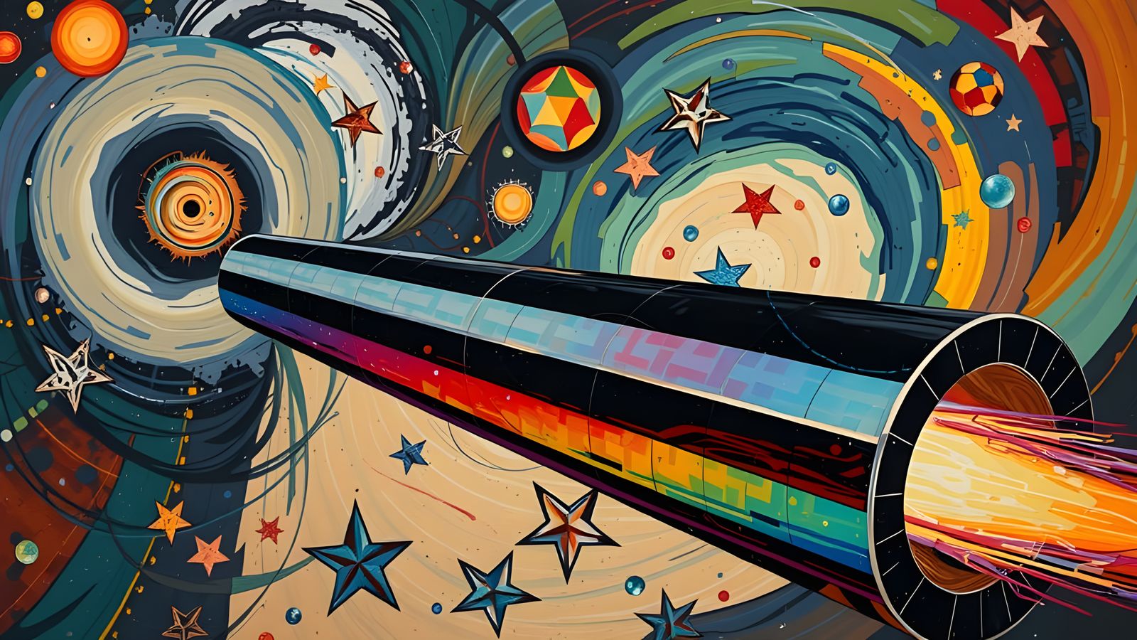 Sleek Rainbow Cylinder with Fiery Exhaust in Impasto Style