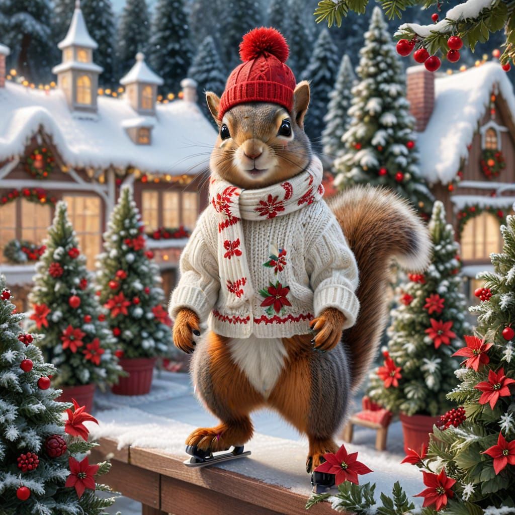 Squirrel Ice Skater in a Winter Wonderland Scene