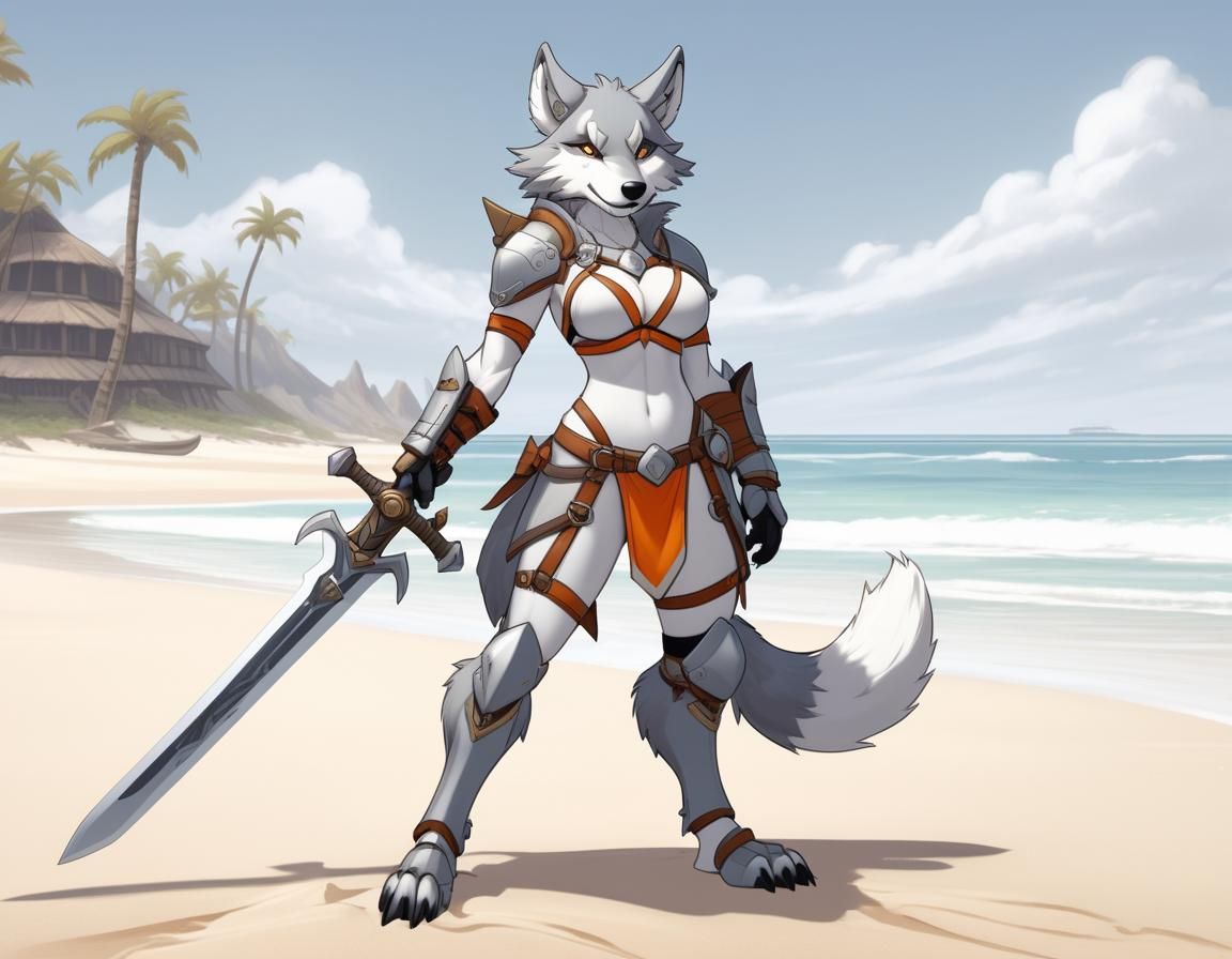 Anime Wolf Girl Warrior on the Beach