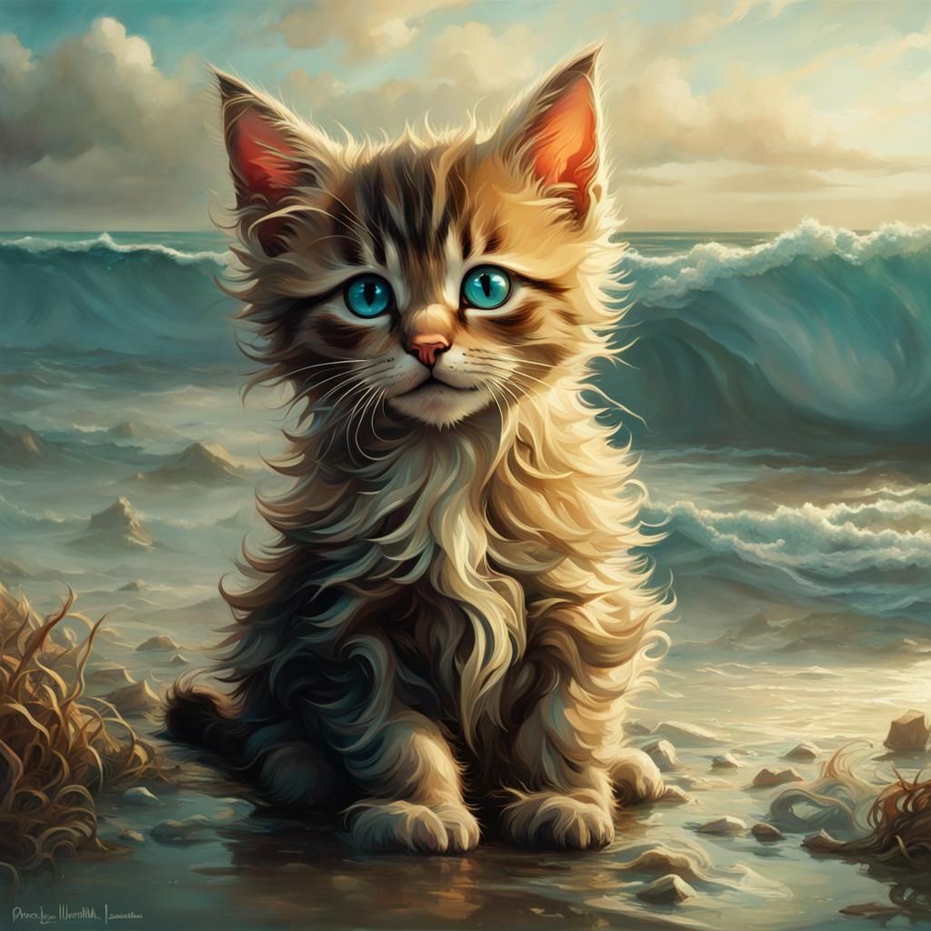 Mythical Beach Kitten Portrait in Digital Art Style