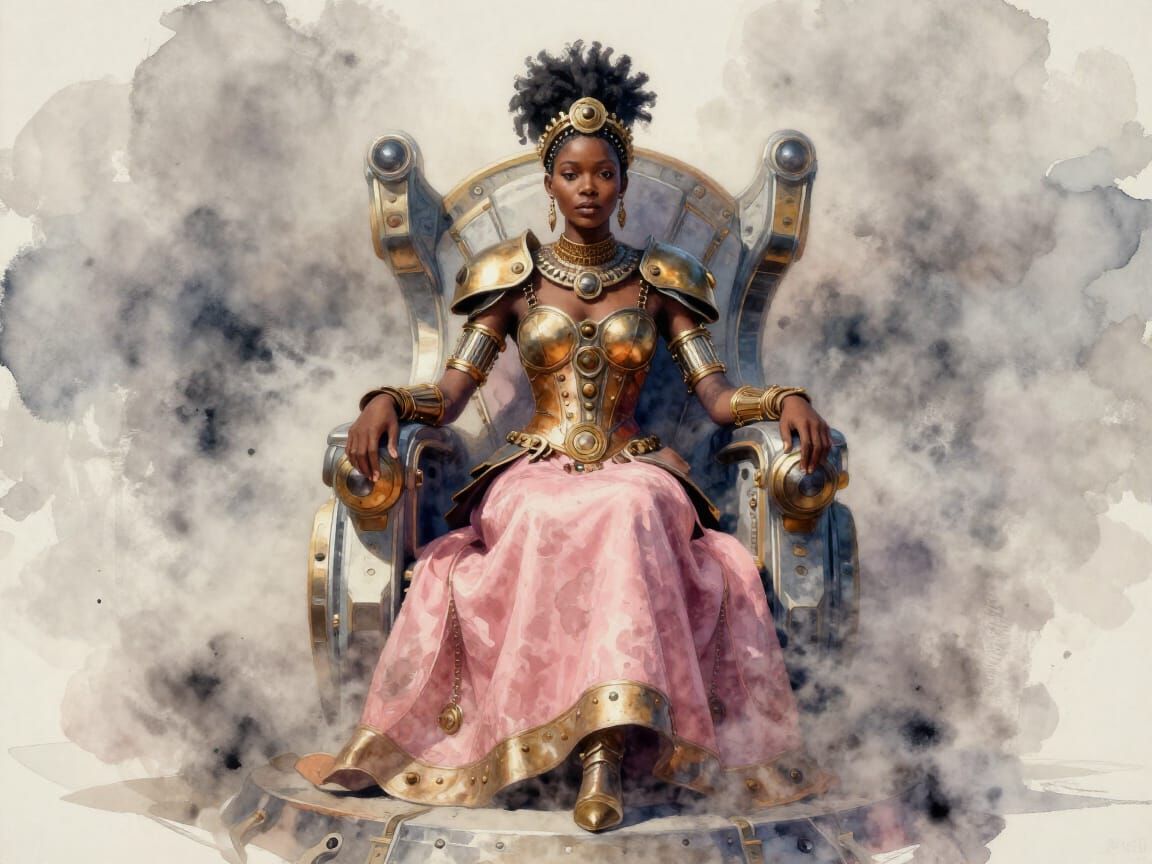 West African Queen in Steampunk Dress on Futuristic Throne