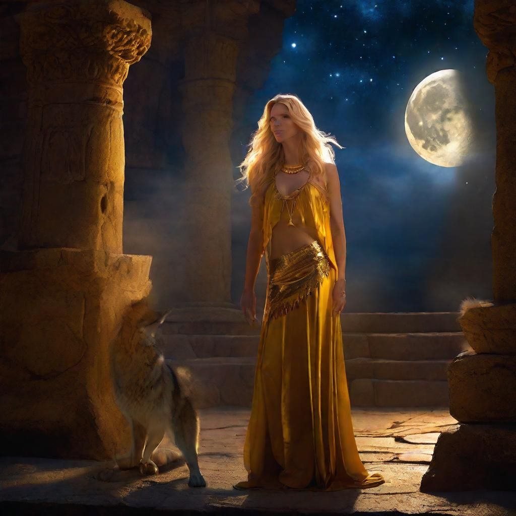 Coyote Woman at Astral Temple in Moonlight