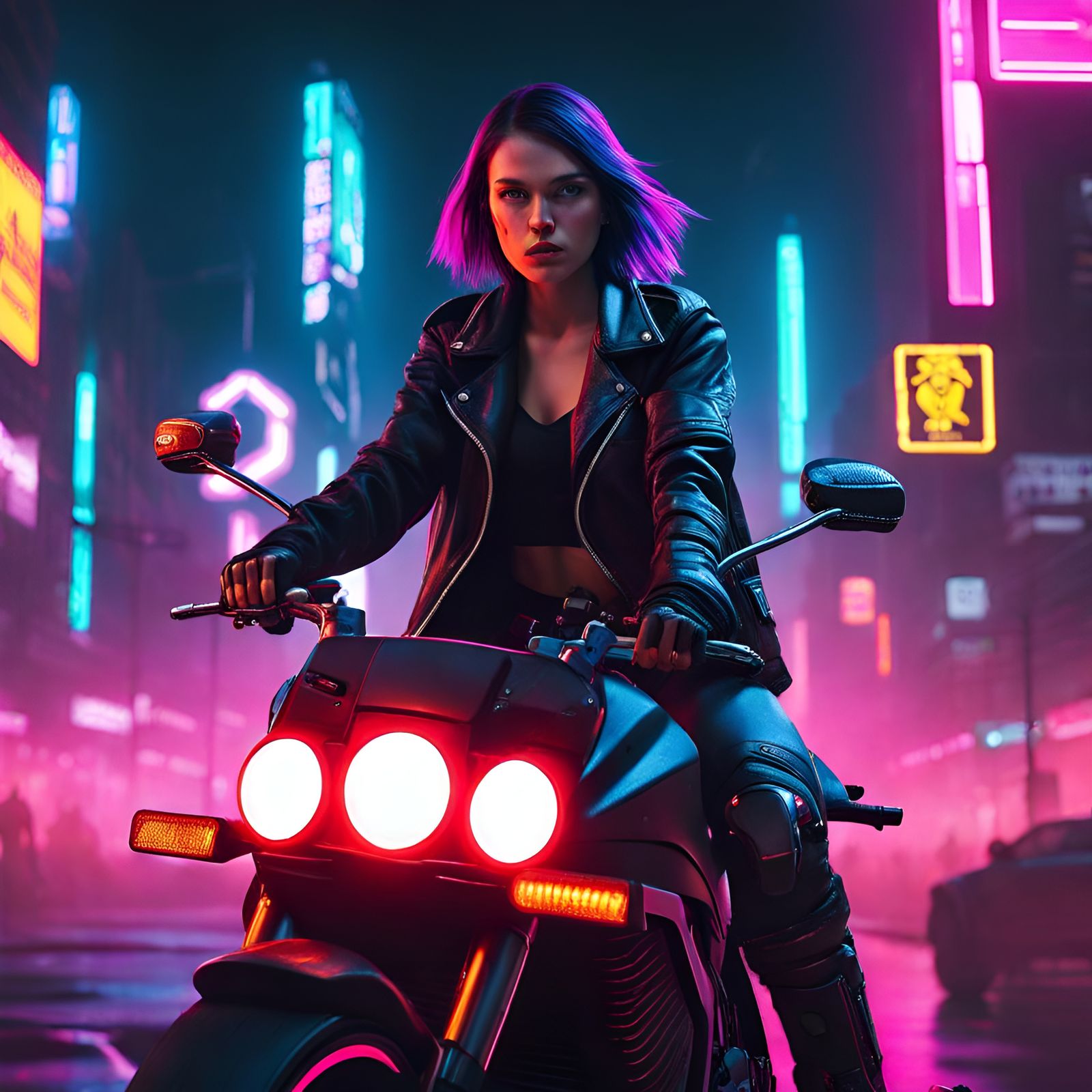 Girl in leather jacket, riding on a bike through a night cit...