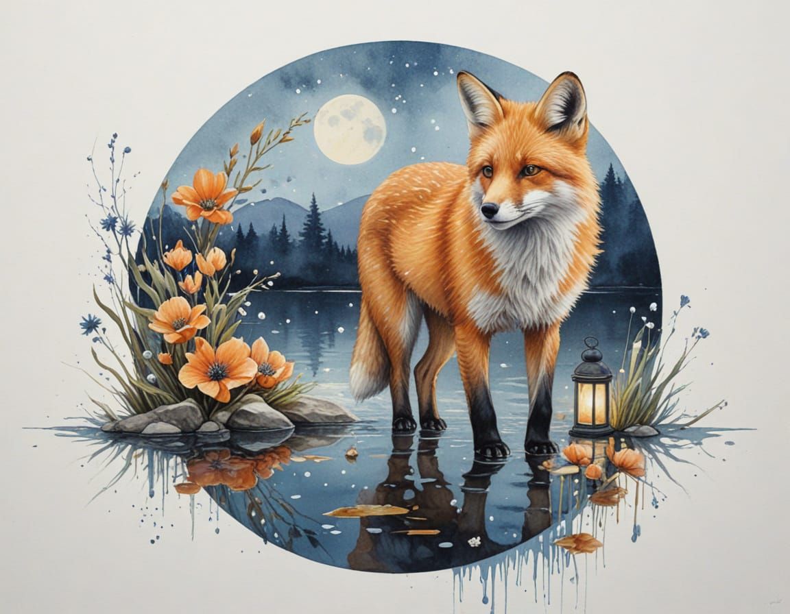 Ethereal Fox on Glass Lake Under Moonlight