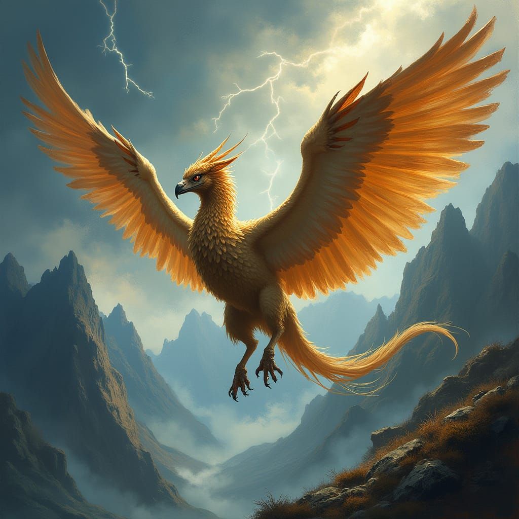 Golden Griffin Soars Through Turbulent Skies in Dramatic Pai...
