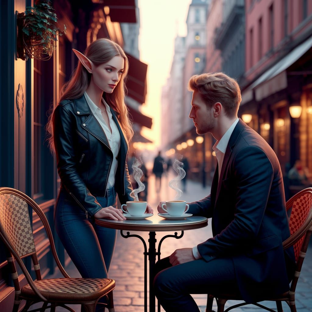 Elven Woman and Human Man at Cafe: Matte Painting