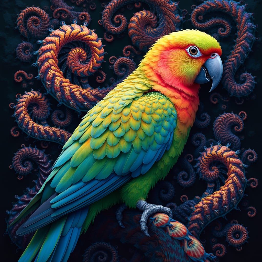 Vibrant Conure Amidst Escher-Inspired Fractals