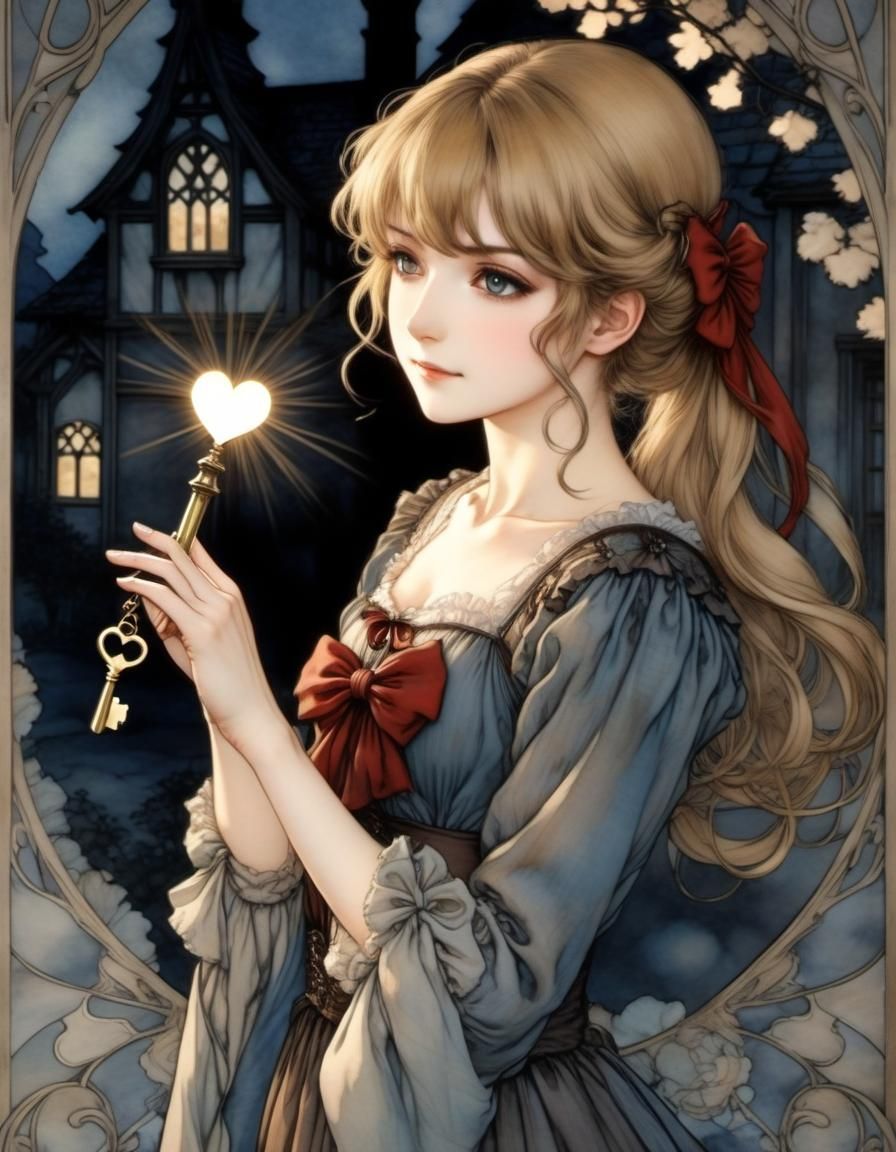 Anime Woman with Heart Key in Golden Age Style