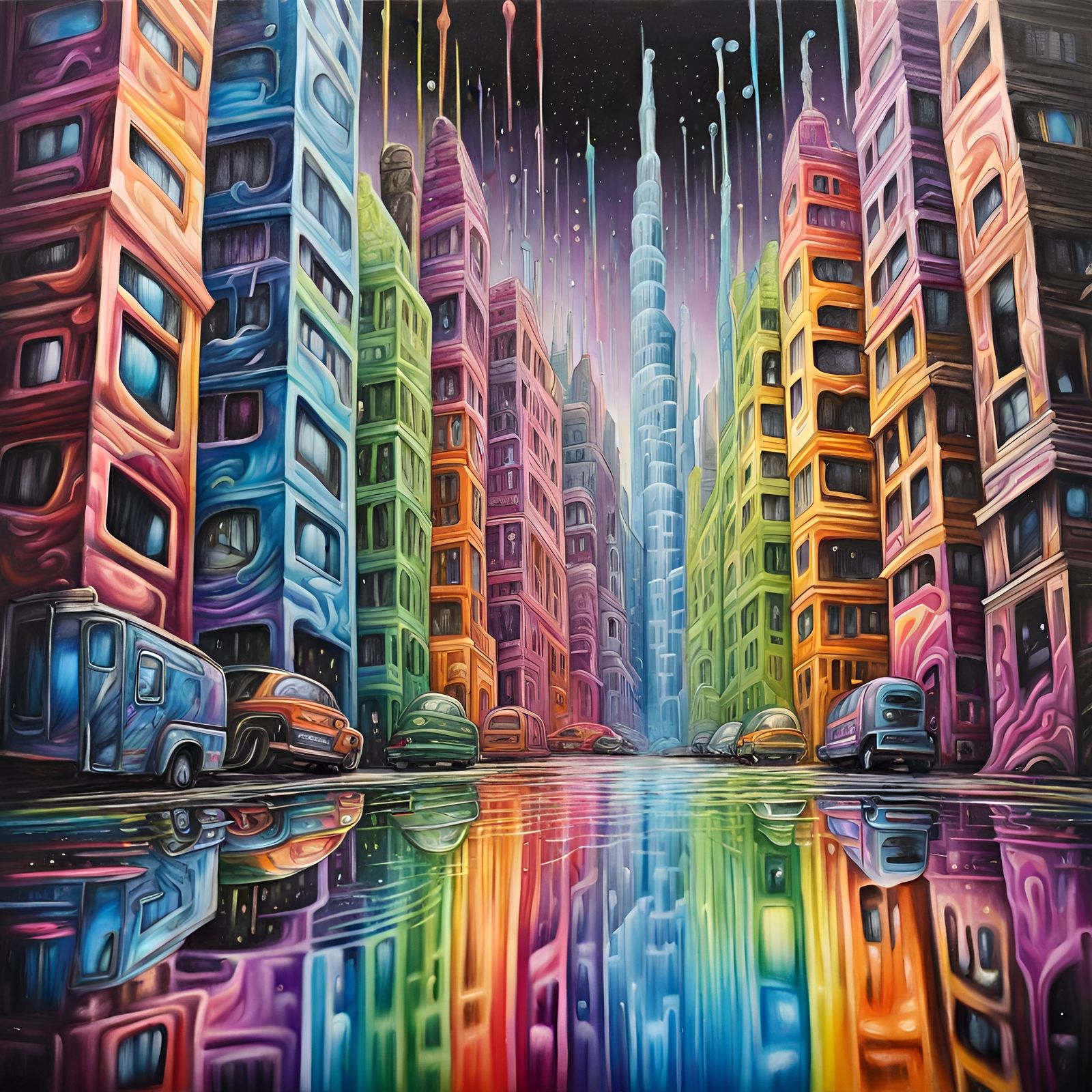 Rainbow City of Mirrors in Colored Pencil