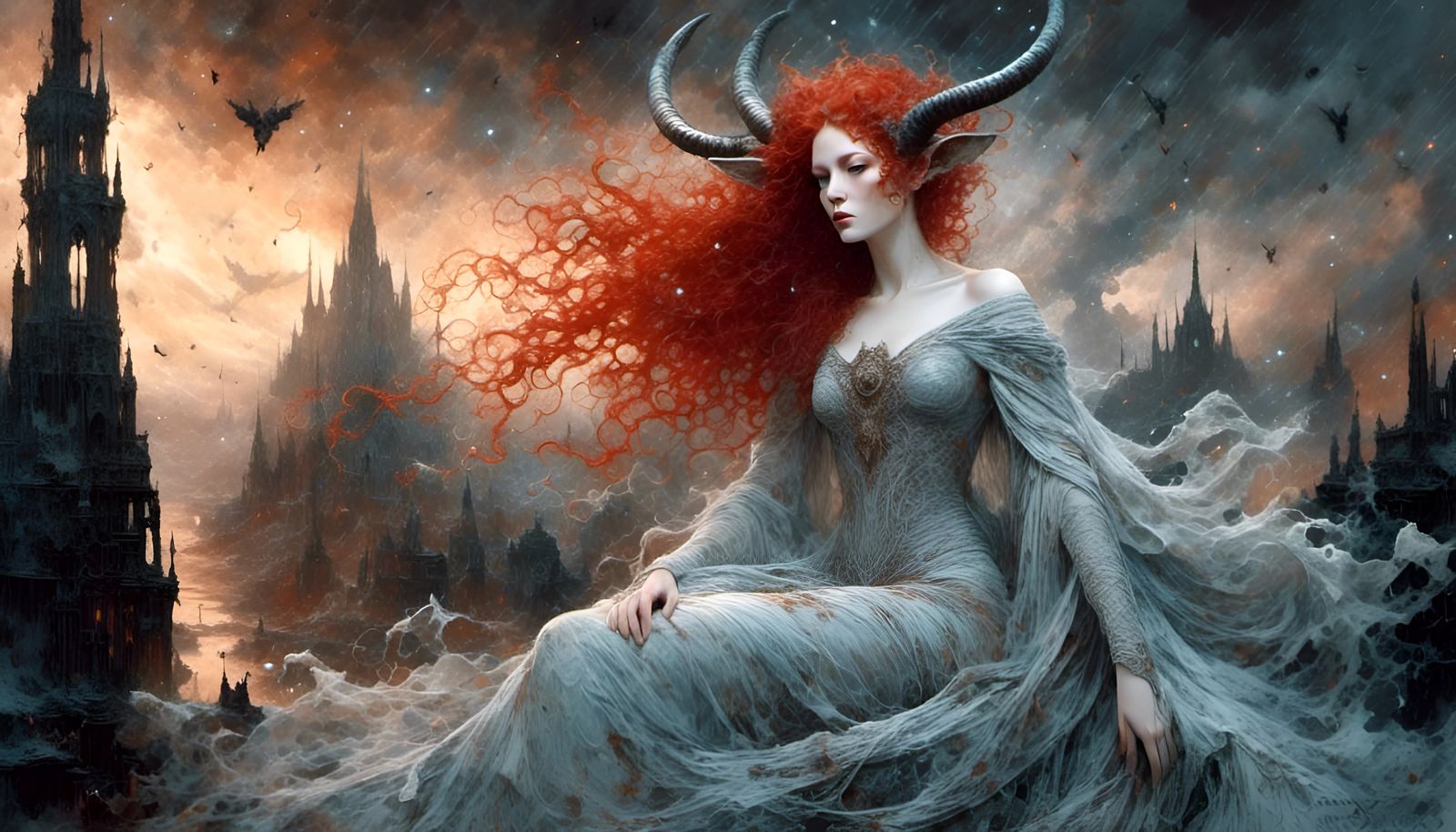 Red-Headed Horned Goddess in Storm, Digital Art