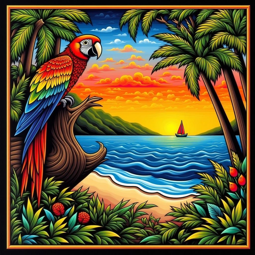 Vibrant Parrot Perched in Sunset Beach Scene