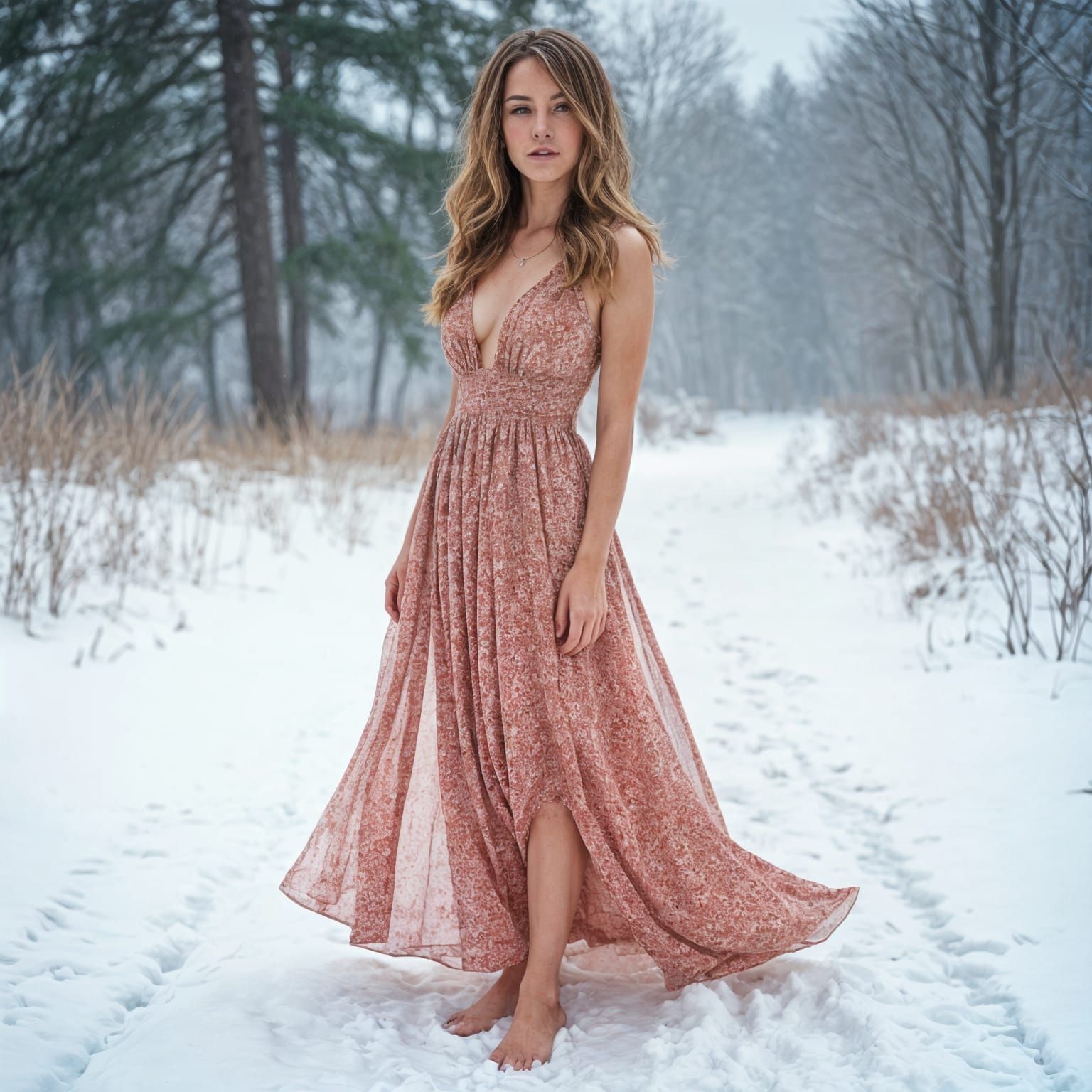 Woman in Summer Dress Stands in Snow