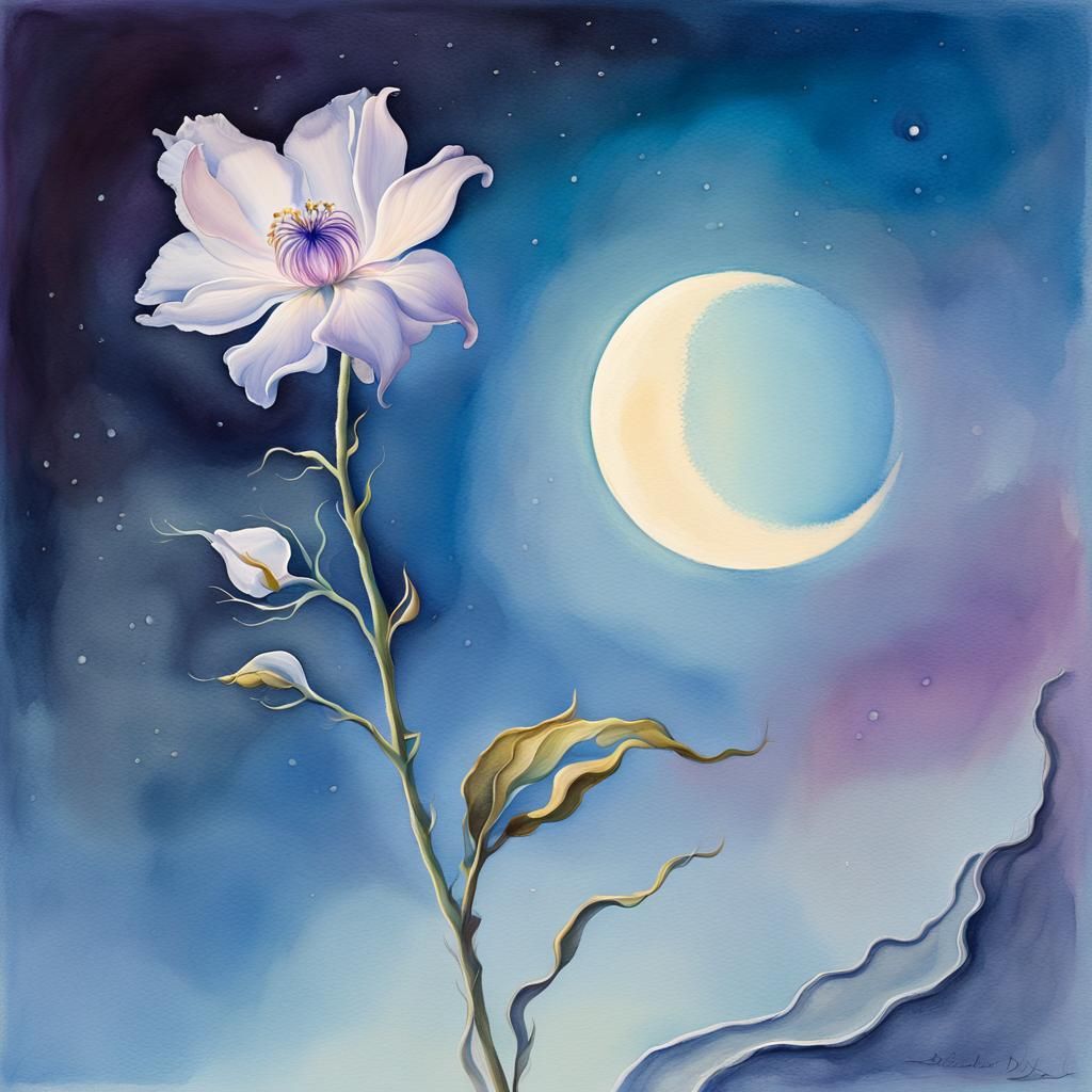 Dreamlike Watercolor Bloom Under Whimsical Moonlight