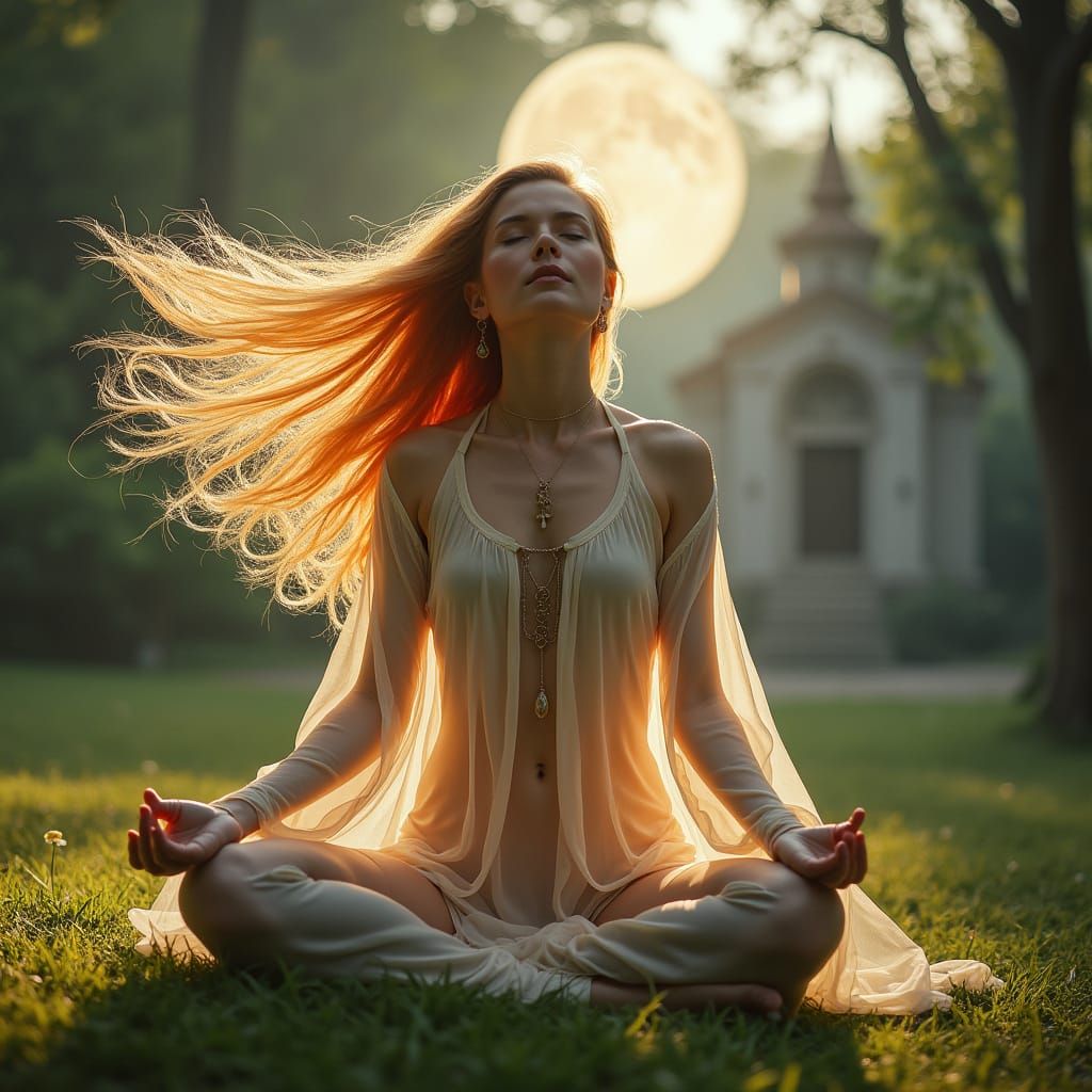Fantasy Priestess in Yoga Pose Under Moonlight