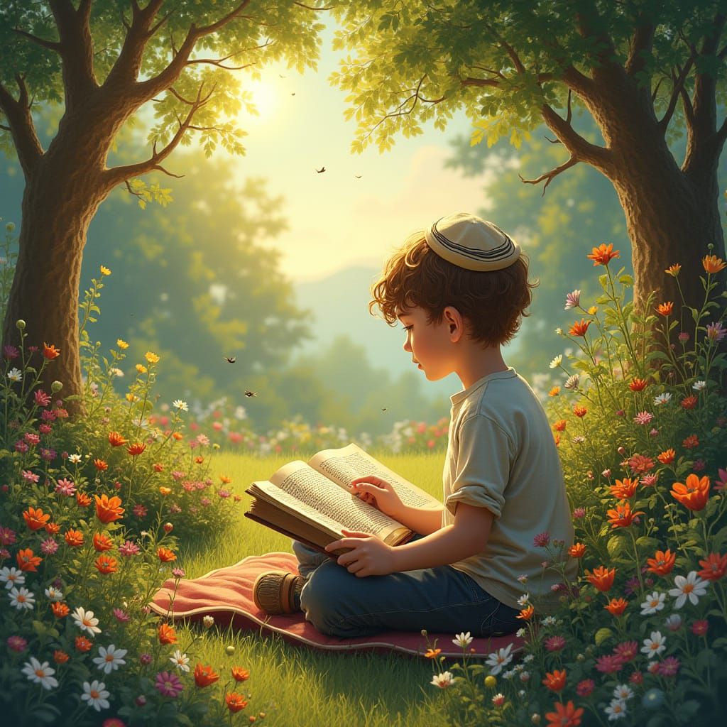 Boy Studying Talmud in Garden, Folk Art Style