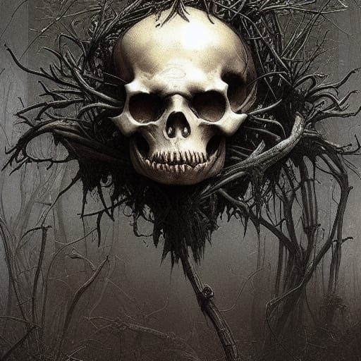 Overgrown Skeleton Head in Horror Style