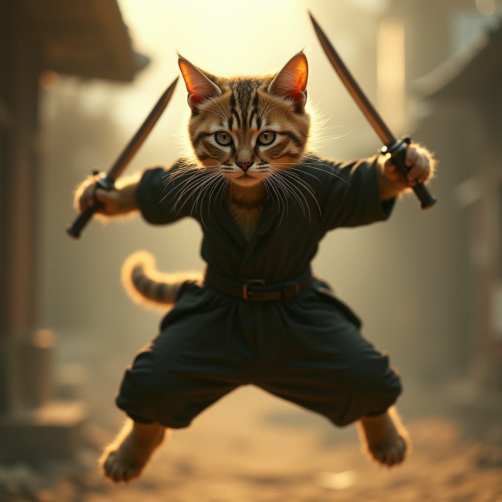 Cyberpunk Ninja Cat in Mid-Air, Wielding Glowing Daggers