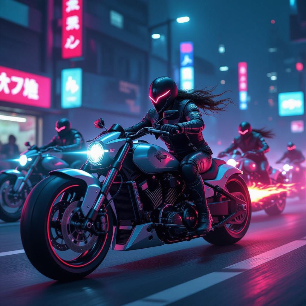 Cyberpunk Biker Gang Races Through Neo-Tokyo