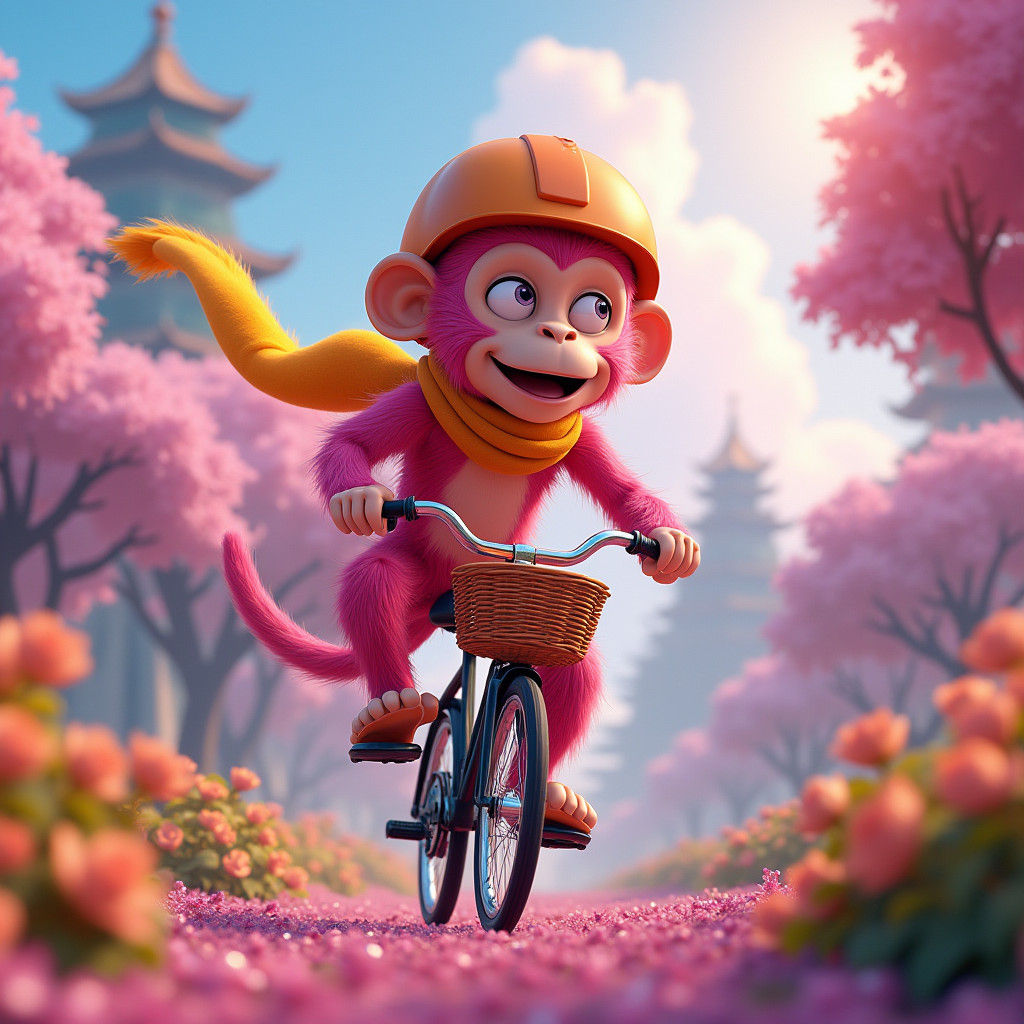 Pink Monkey Rides Bicycle: Animated 3D Art