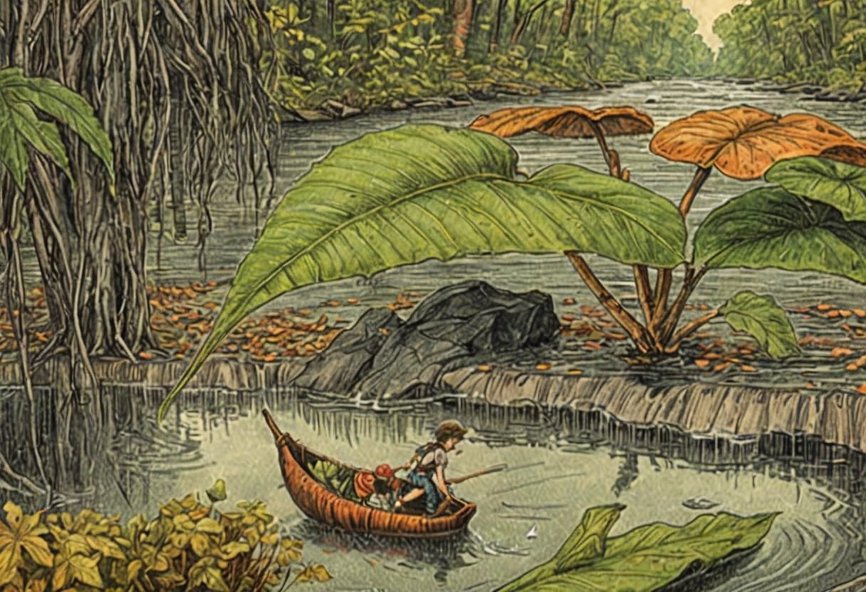 Boy on Leaf Raft Among Giant Flora
