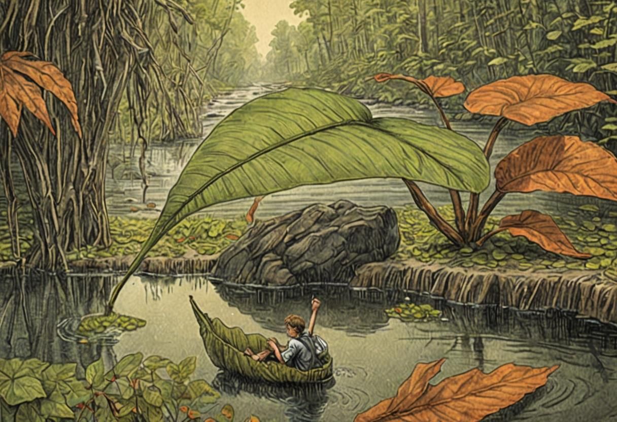 Huckleberry Finn on Leaf Raft: Charcoal Storybook Illustrati...
