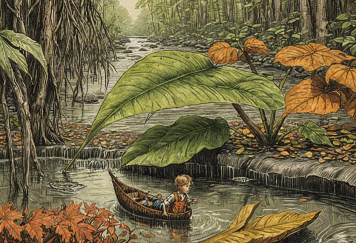 Boy on Leaf Raft in Giant Flora, Charcoal Drawing