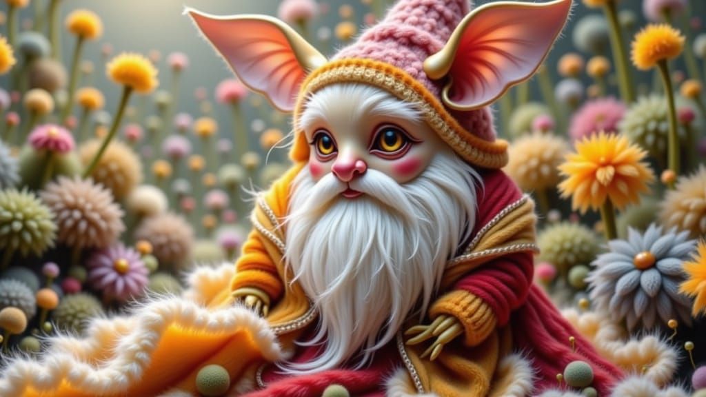 Cute Gnome Creature Wrapped in Vibrant Fabrics in a Whimsica...