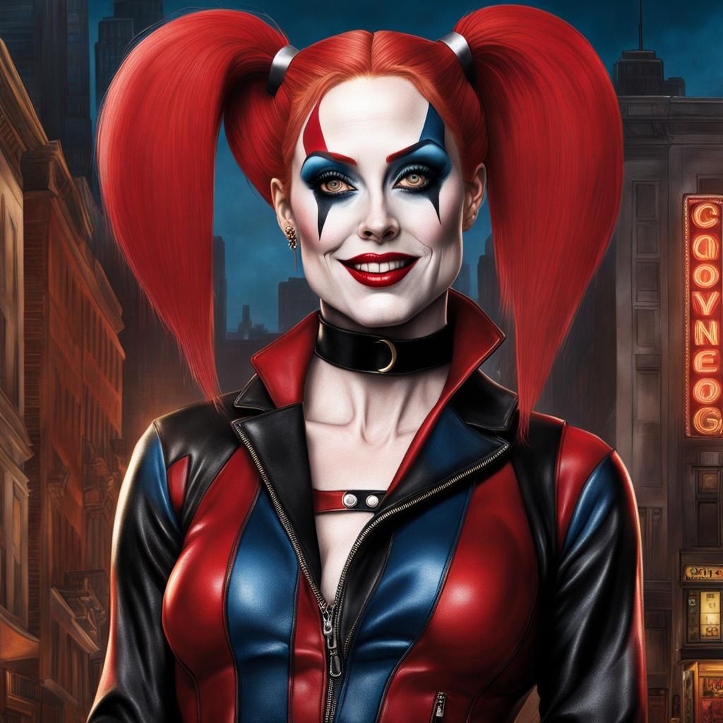 Hyperrealistic Julianne Moore as Harley Quinn