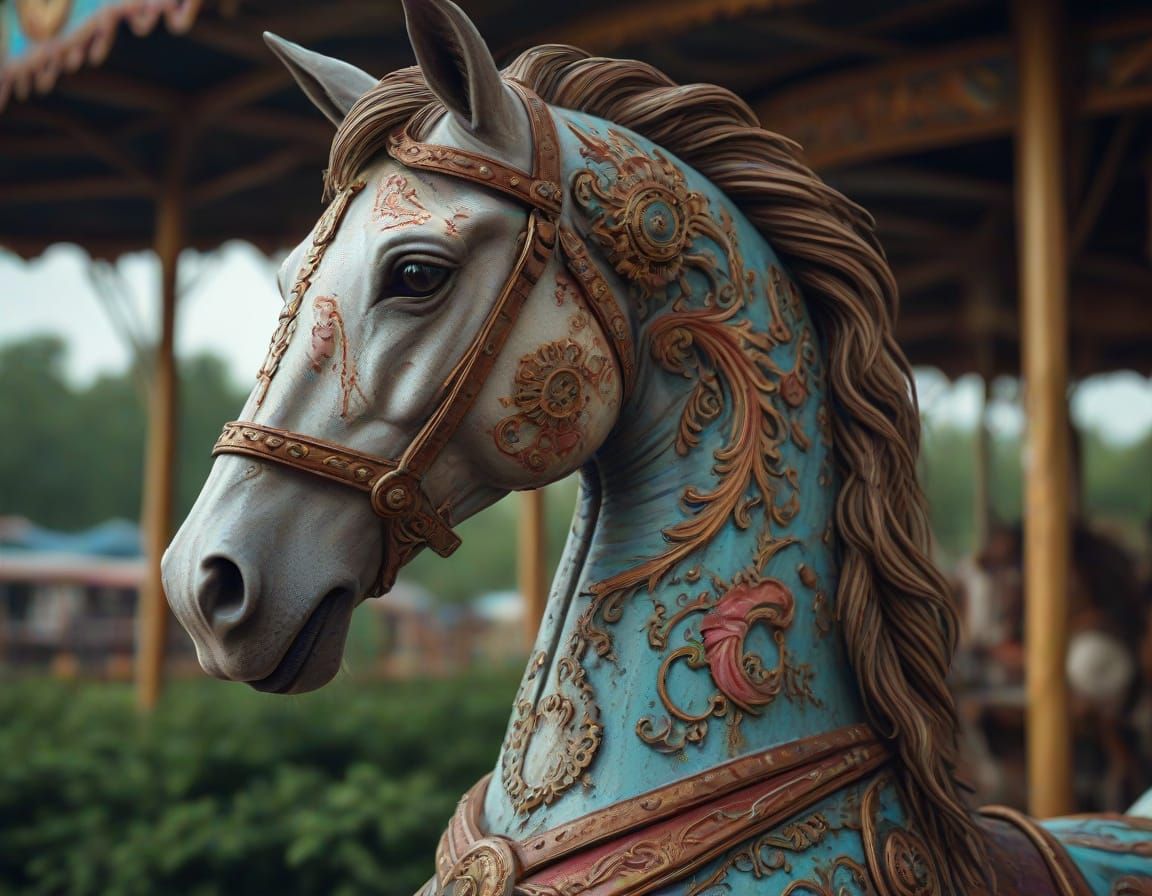Carousel Horse in Overgrown Amusement Park Digital Art