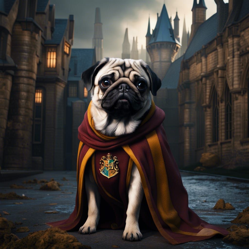 Pug Harry Potter at Hogwarts: Detailed Matte Painting