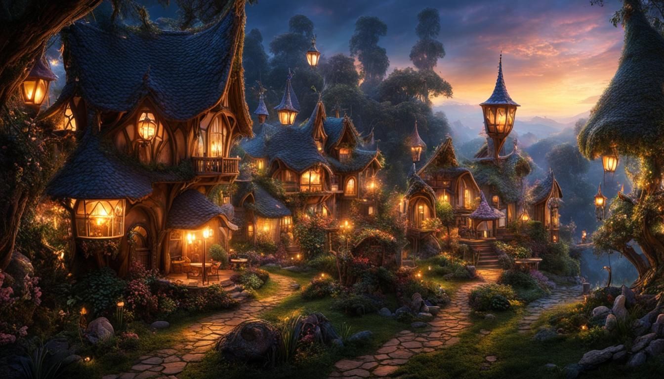 Magical Fairy Village at Dusk: Hyperdetailed Photo