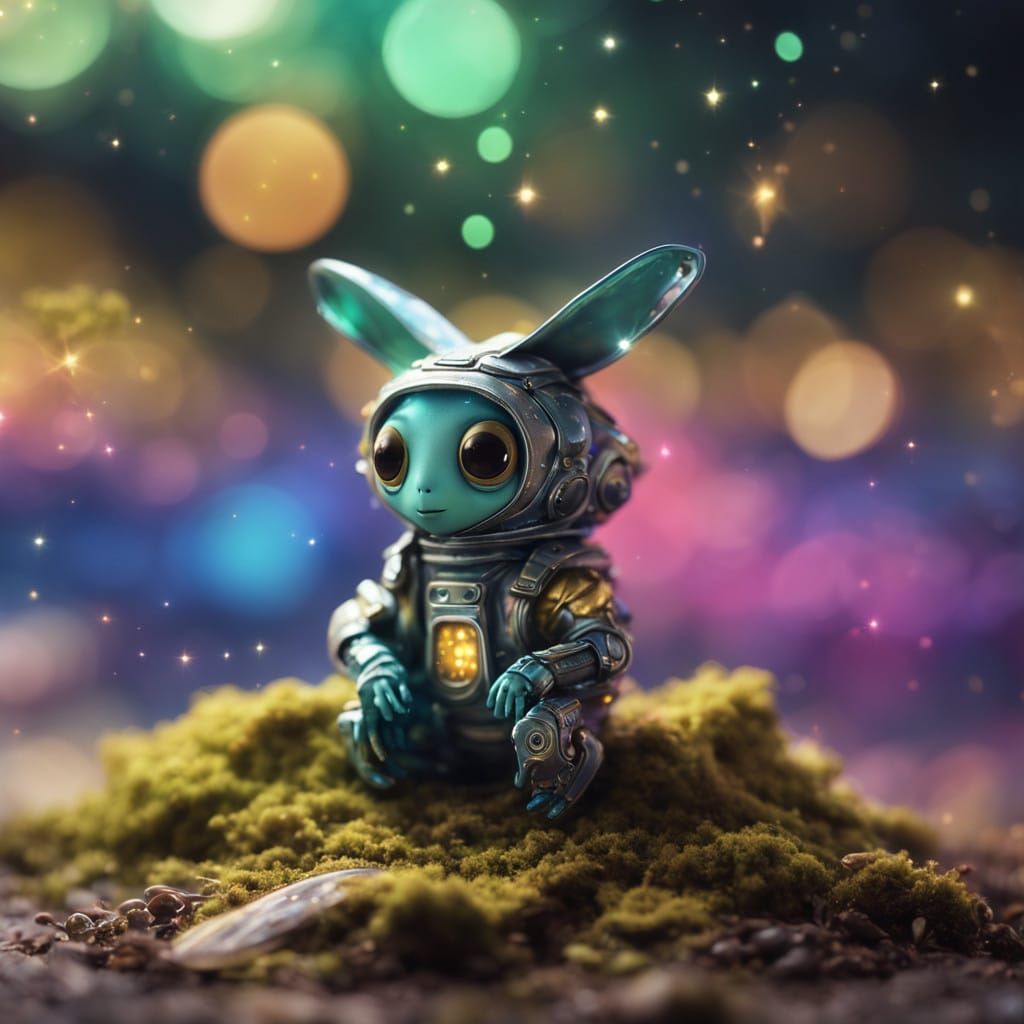Chibi Alien in Whimsical, Iridescent Landscape
