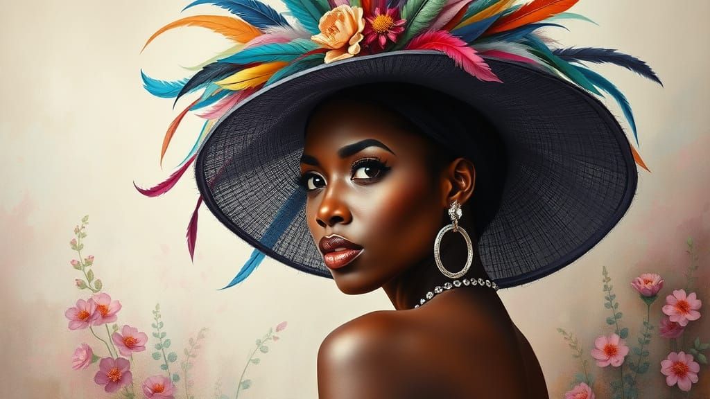 Elegant Black Woman in Lavish Hat, Gazing Over Shoulder