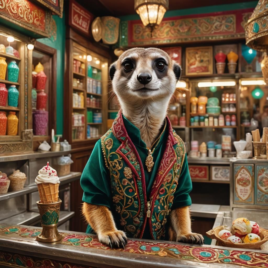 Meerkat as Turkish Ice Cream Vendor, Hyperrealistic Art