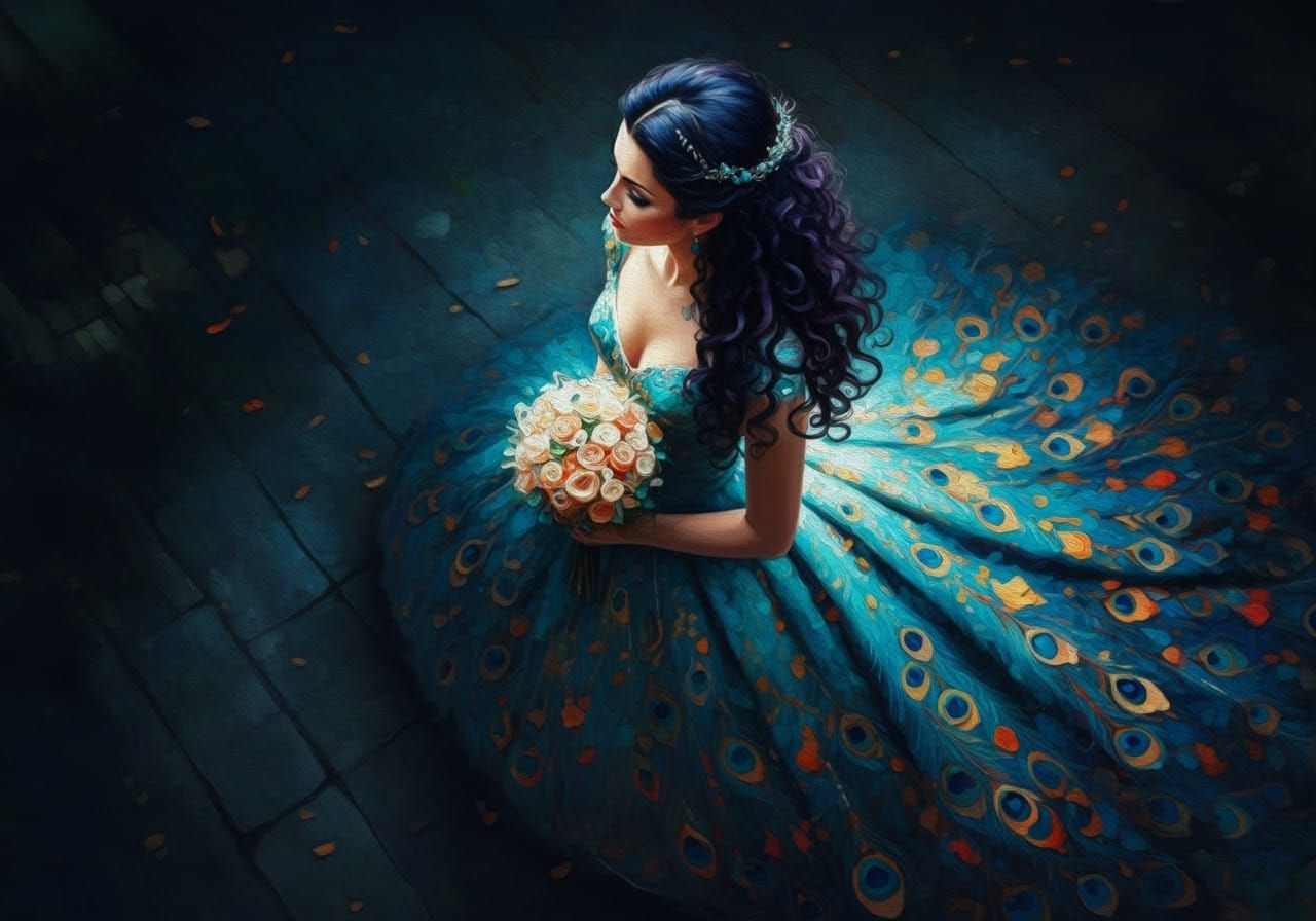 Peacock Gown Oil Painting with Palette Knife Texture