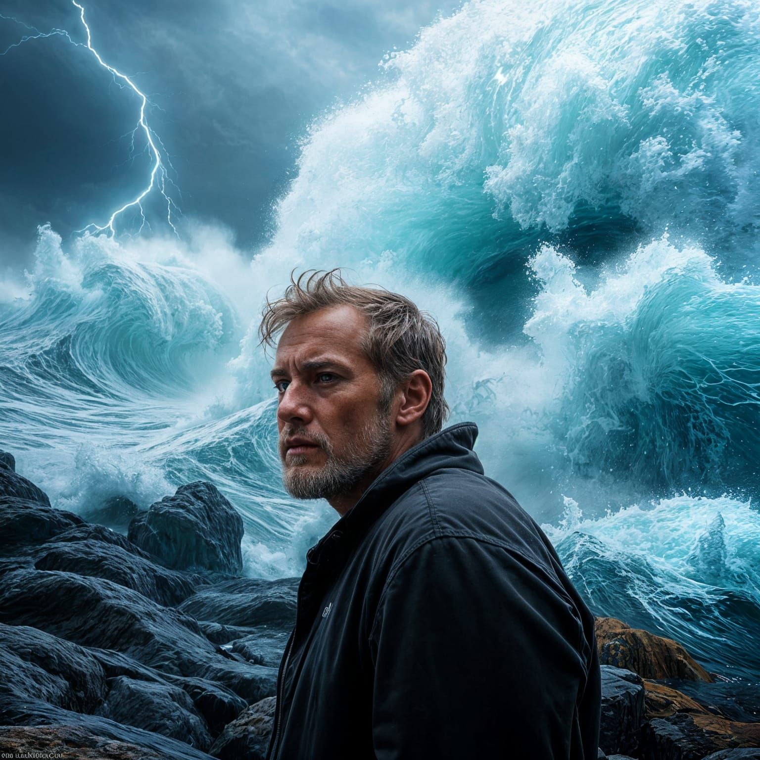 Tempestuous Seascape with Electric Blue Lightning